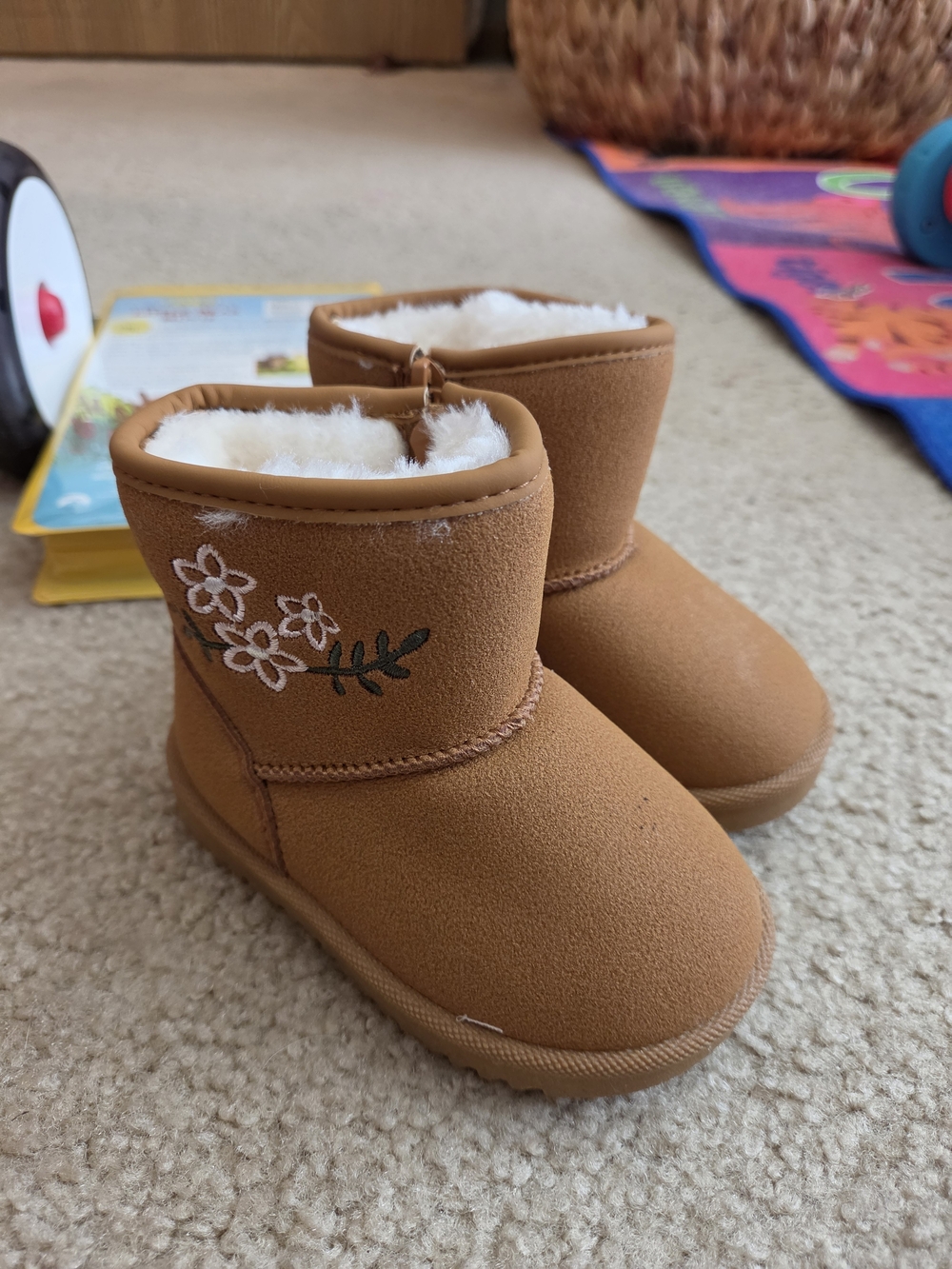 Kids Faux-Suede Lined Boot with Floral Stitching - Tan Never Been Worn